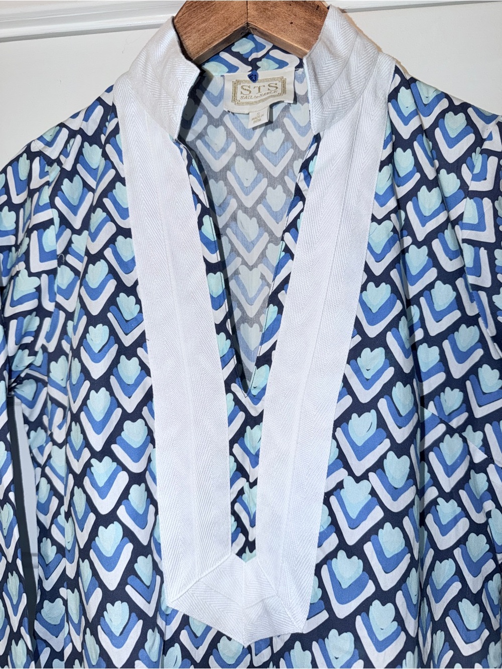 Sail to Sable Blue Geometric Print Long Caftan Dress. S - Picture 4 of 9